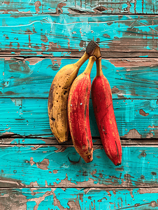 木制背景上的香蕉健康红香蕉收藏成熟的香蕉束