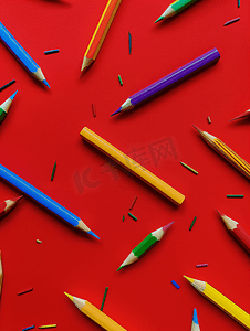 创意字体中文摄影照片_彩色木铅笔散落在红色背景教育概念上
