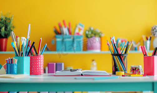 创意时尚的学校或办公室工作区配有彩色用品