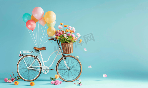 气球绿色摄影照片_夏季自行车篮子里有气球和鲜花的老式自行车图片