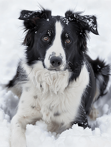 黑白宠物狗摄影照片_雪中的黑白边境牧羊犬