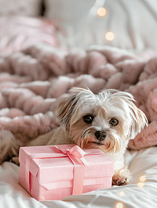 盒子粉色摄影照片_可爱的小狗躺在床上手里拿着粉色礼盒