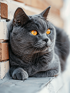 米色砖墙背景上橙色眼睛的灰色英国猫
