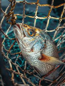 咸水杂鱼煲摄影照片_被网捕获的鱼