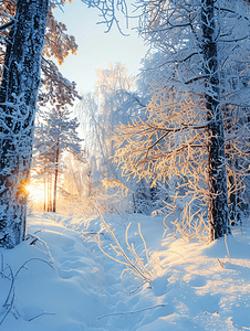 白雪皑皑的森林摄影照片_寒冷的风景冬天的夜晚有冰冻树枝的森林
