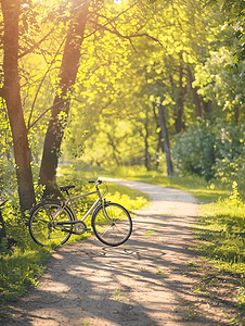 公园里明亮的阳光照亮的自行车道特写向远方延伸