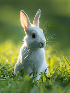 可爱兔子耳朵摄影照片_绿色自然背景上一只有趣的白兔的肖像