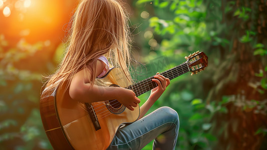 户外女孩弹吉他的摄影高清图片