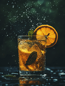 深色背景中玻璃杯中的橙色新鲜柠檬水