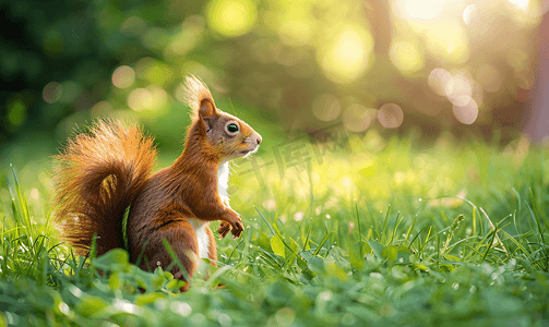 红松鼠坐在草地上