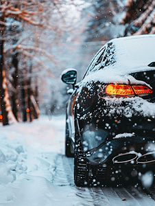 被雪覆盖的黑色汽车的侧视图