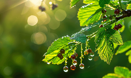 雨后水滴的黑醋栗枝被明亮的阳光照亮的灌木丛