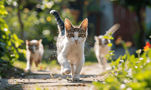 天猫夏上新摄影照片_猫在院子里跑来跑去夏天外面的宠物猫家族