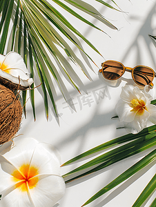 生活语录摄影照片_你好夏天白色背景下眼镜椰子和花的高角拍摄