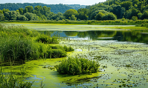 绿色河流风景摄影照片_夏日景观大沼泽点缀着绿色浮萍和沼泽植被