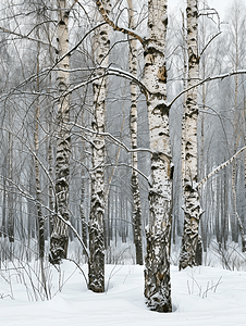 下雪的森林摄影照片_阴天里白雪皑皑的森林里的桦树和橡树
