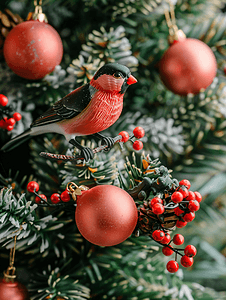 狐狸企鹅摄影照片_圣诞树树枝上的红腹灰雀和浆果玩具装饰