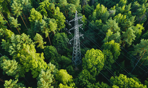 电源供应摄影照片_森林输电线路带电线的钢塔高压基础设施