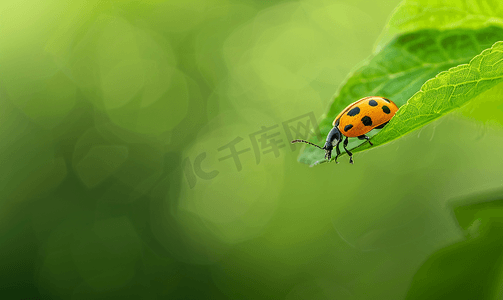 春天的动物植物摄影照片_绿叶上的甲虫