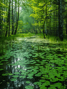 森林中的沼泽杂草丛生的池塘夏天的绿水