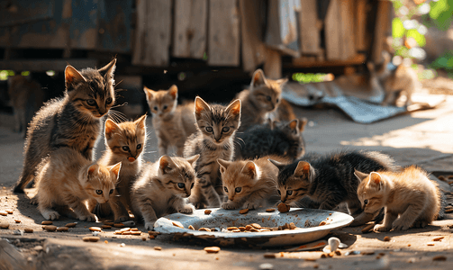 很多房子摄影照片_流浪小猫吃食物房子附近有很多猫