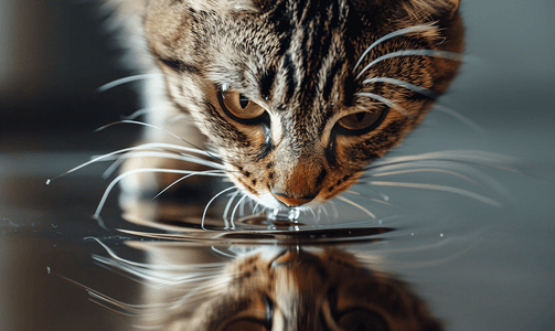 虎虎生威卡通摄影照片_棕色虎斑猫在地板上喝水
