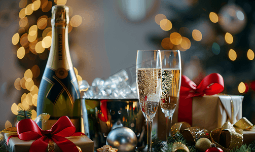 冰桶里的香槟酒瓶、两杯酒和圣诞礼物