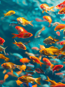 五颜六色的鱼在淡水湖中游泳