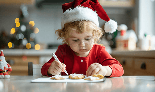 孩子向圣诞老人提供饼干并写圣诞愿望清单