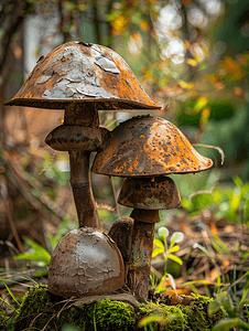 一个花园雕塑的毒蘑菇雕塑金属蘑菇生锈旧