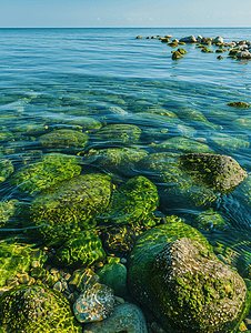 海石上的藻类绿藻覆盖海面