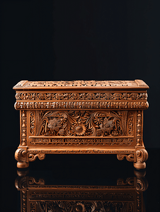黑色背景中突显传统艺术雕刻的木棺