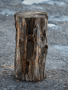 沥青纹理摄影照片_一块干枯的旧木头立在灰色的沥青上