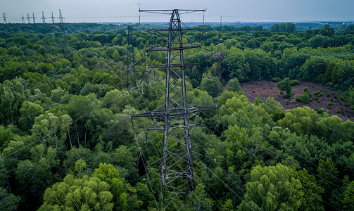 森林输电线路带电线的钢塔高压基础设施