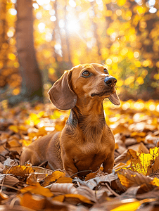 阳光明媚的日子秋季公园落叶中腊肠狗的肖像