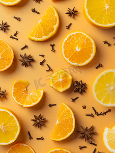 橙片和八角茴香柑橘类水果的摘要背景