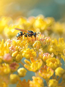 粒子飞散文字摄影照片_黄蜂在美丽的装饰花园花卉植物景天在阳光明媚的日子花卡
