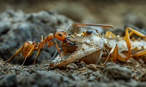 红蚂蚁吃死蜥蜴尸体高级照片