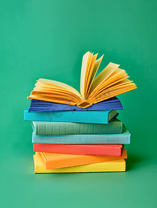 一堆彩色精装书打开绿色背景的书