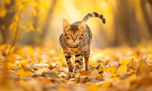 秋天年轻美丽的孟加拉猫在黄色的秋叶中散步