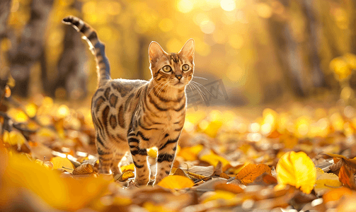 散步摄影照片_秋天年轻美丽的孟加拉猫在黄色的秋叶中散步