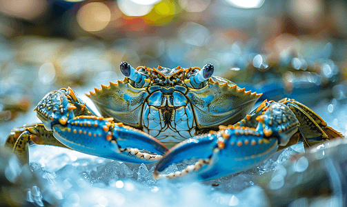 鱼市场冰上倒挂的蓝蟹