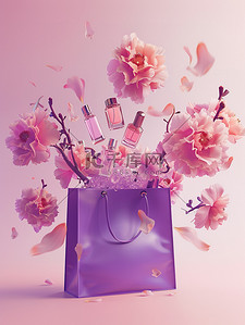 和鲜花背景图片_紫色的大购物袋和鲜花设计图