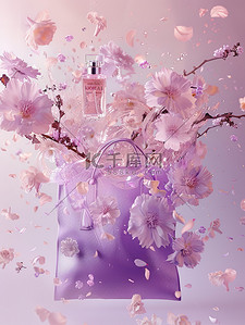 和鲜花背景图片_紫色的大购物袋和鲜花素材