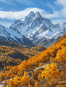 山地景观斜坡上有秋天的森林雪覆盖的岩石山峰