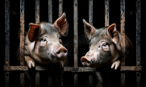 家中谷仓里的两只猪透过栅栏往外看