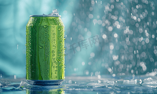 凉爽水摄影照片_带水滴和冰的绿色铝罐