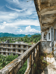 东南亚建筑摄影照片_泰国普吉岛巨大的可怕废弃酒店度假村遗址