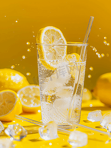 带吸管的塑料杯中的冰柠檬苏打水