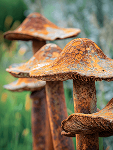 动物雕塑摄影照片_一个花园雕塑的毒蘑菇雕塑金属蘑菇生锈旧